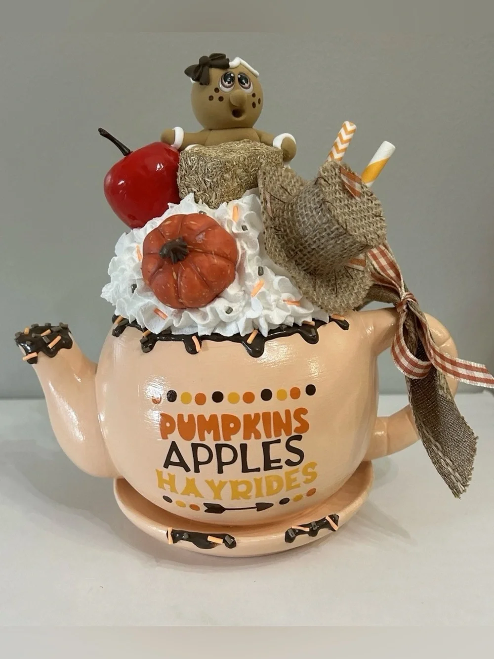 Fake Gingerbread Peach Ceramic Autumn Teapot Decor with Pumpkin & Apple Accents
